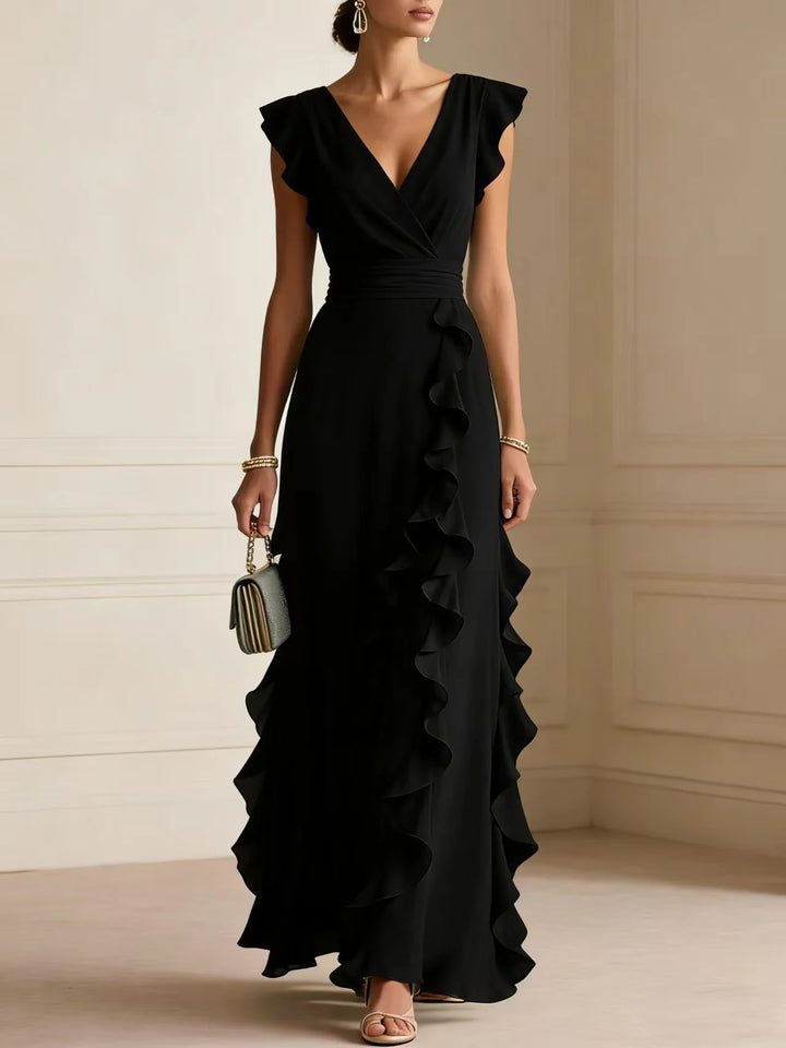Ladies' Elegant Plain Colour Ruffle Sleeveless Sexy V-Neck Long Dress Fashion Bohemian Ladies' Party Evening Maxi Dresses Gown