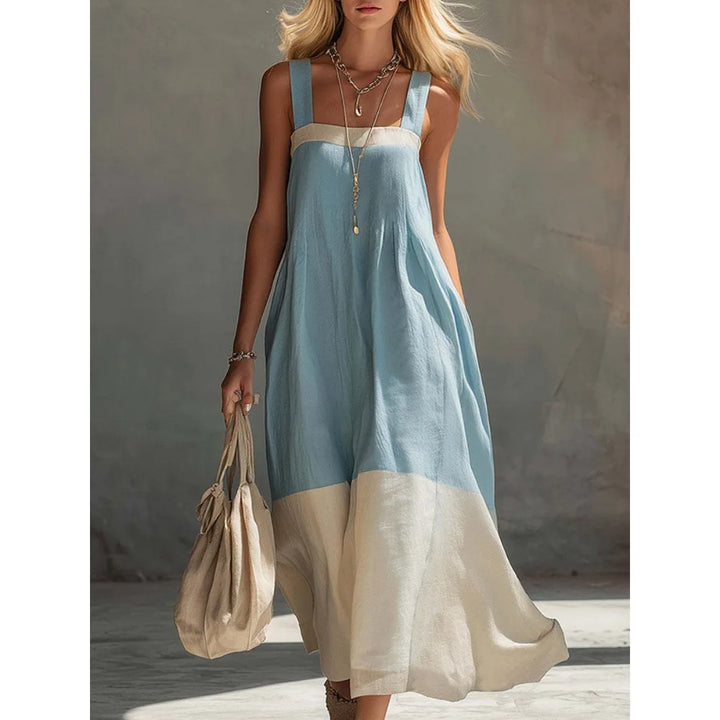 Ladies Colour Block Maxi Dress with Spaghetti Straps, Sleeveless Loose Layered Flowy Sun Dress for Beach Holiday Resort