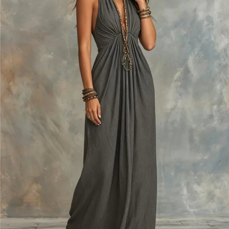 Elegante halter maxi jurk voor dames, diepe V-hals, hoge taille, slanke jurken, zomer 2026, formele avondjurk, feestjurk, vakantiejurk, vestidos
