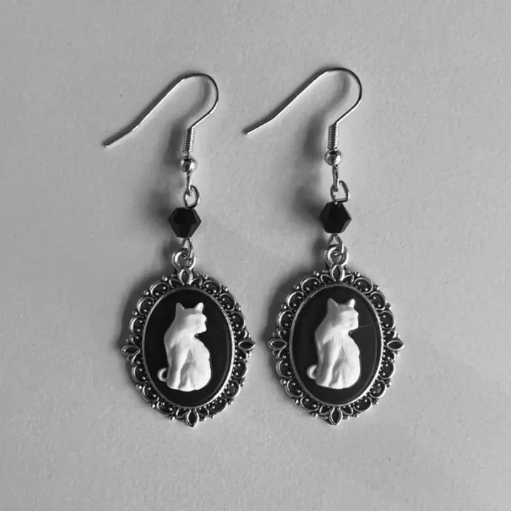 Vintage White Cat Drop Earrings – Silver Frame Jewellery for Women