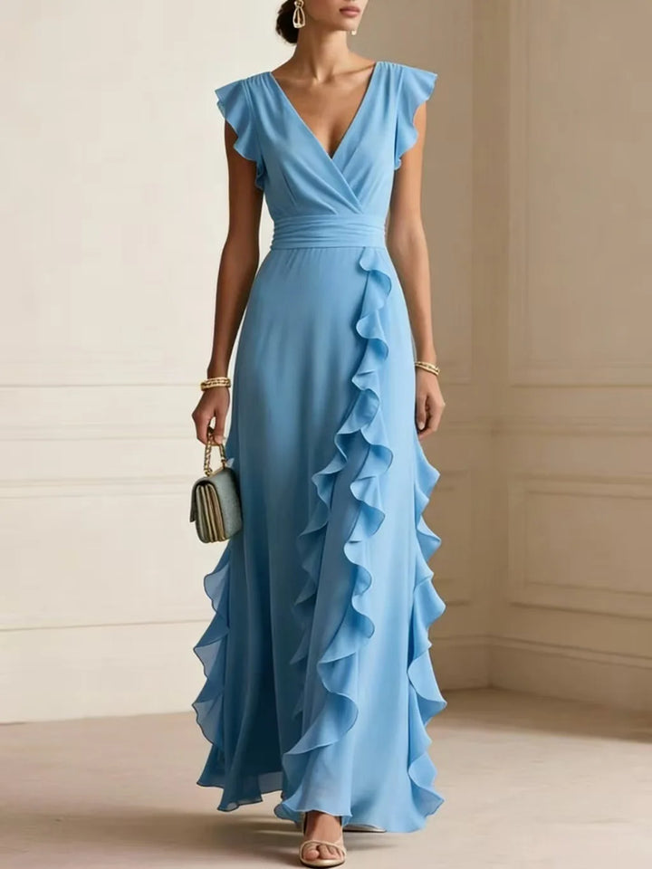 Ladies' Elegant Plain Colour Ruffle Sleeveless Sexy V-Neck Long Dress Fashion Bohemian Ladies' Party Evening Maxi Dresses Gown