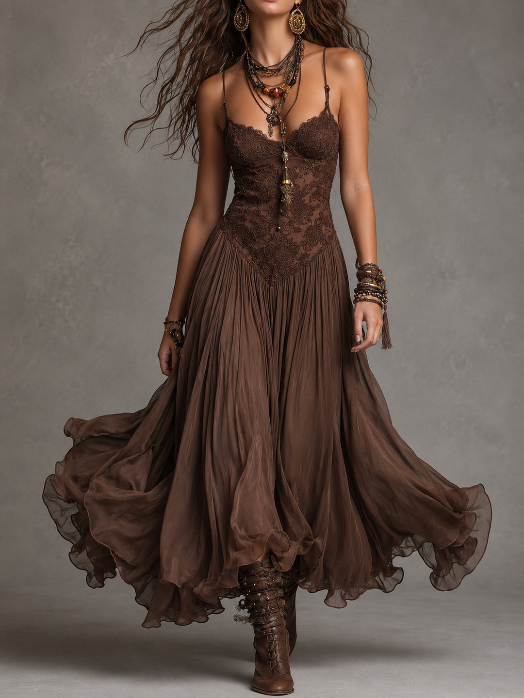 Theodora | Dark Brown Lace-Paneled Chiffon Maxi Dress
