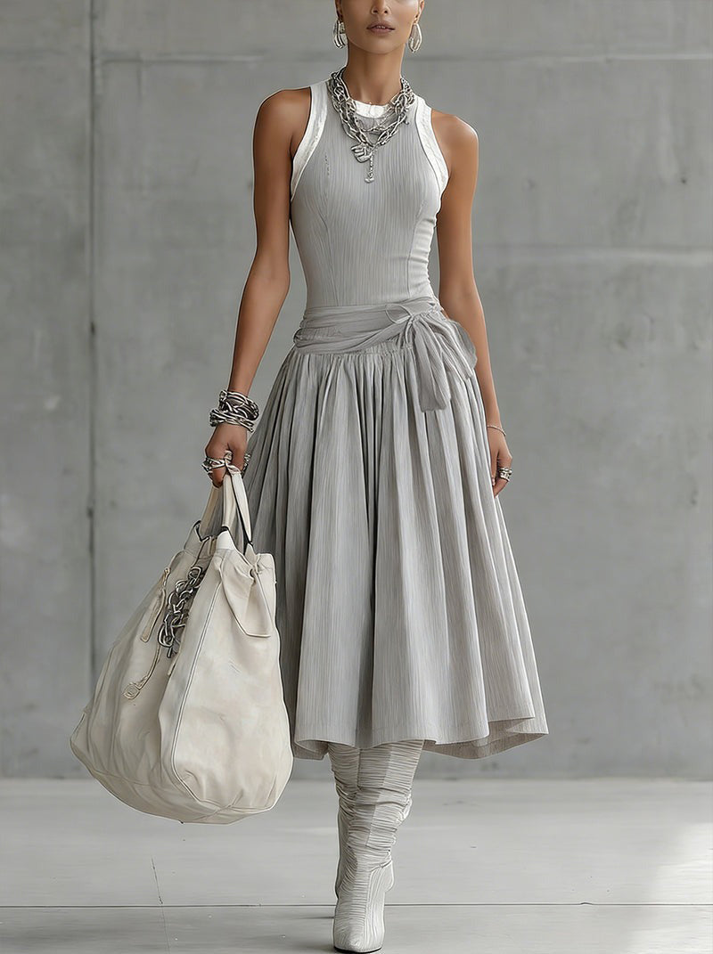 Grey Ribbed Set - Sculpted Top and Draped Midi Skirt