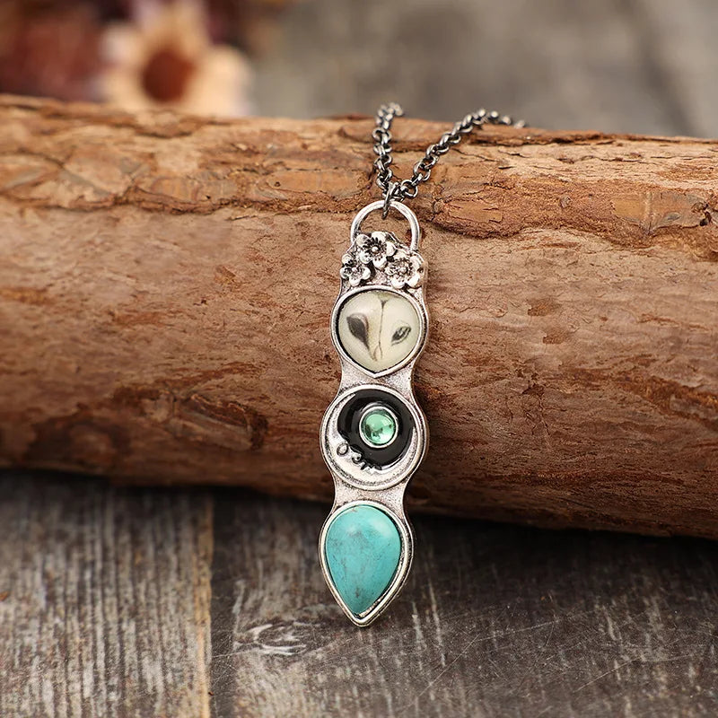 Silver owl bar pendant necklace with turquoise inlay teardrop and green round center bead