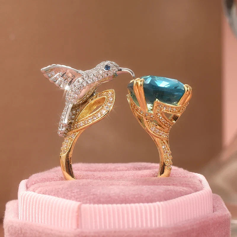 Adjustable Aquamarine-Colour Hummingbird Ring – 14K Gold Plated