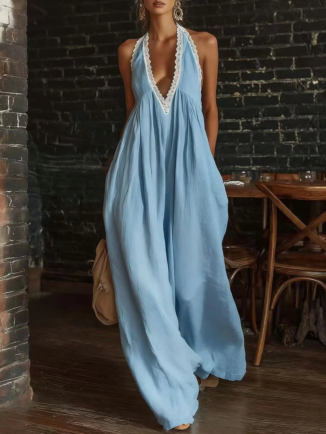 Evelyn | Lace Halter V-Neck Wide Leg Jumpsuit
