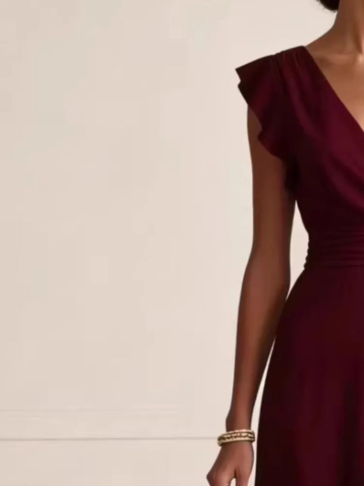Ladies' Elegant Plain Colour Ruffle Sleeveless Sexy V-Neck Long Dress Fashion Bohemian Ladies' Party Evening Maxi Dresses Gown