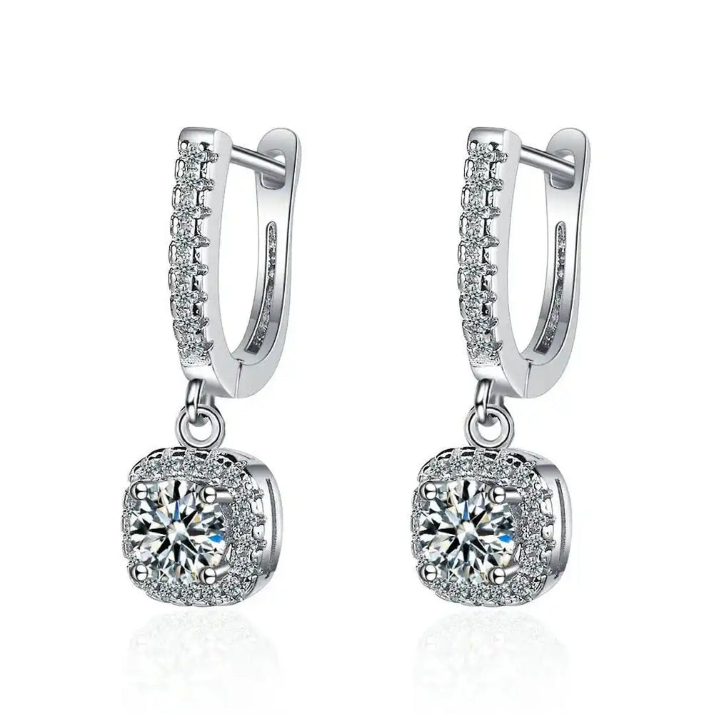 White gold stone drop earrings with pavé hoops and square halo dangles