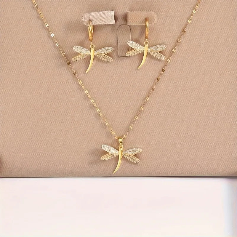 Gold dragonfly necklace set with small hoop drop earrings and glitter wing charms