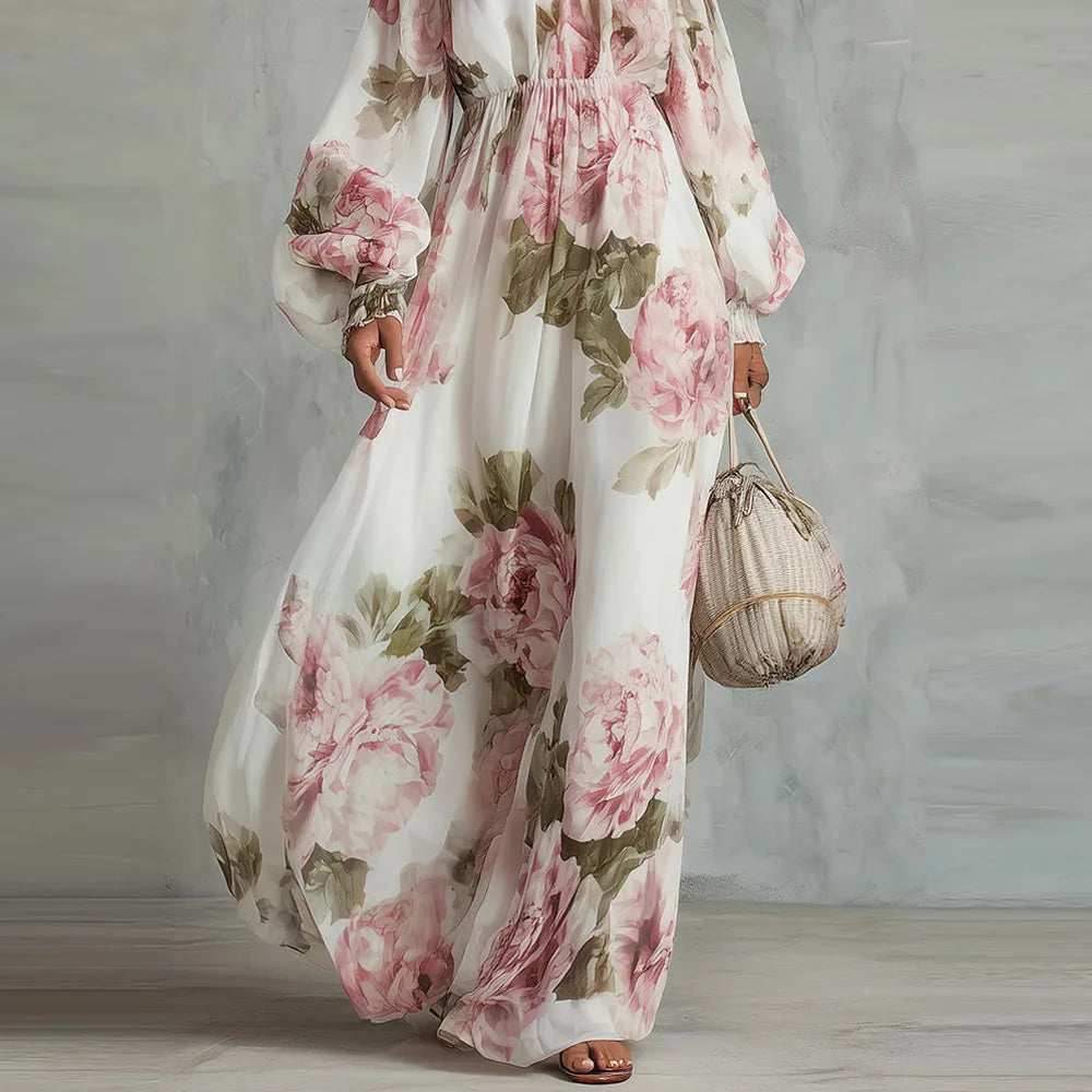 PEONY | Off-Shoulder Floral Maxi Dress with Long Sleeves