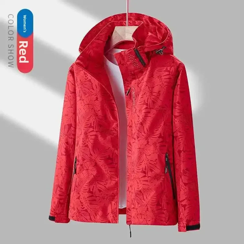 Red waterproof hooded jacket with front zip and adjustable drawcord hem