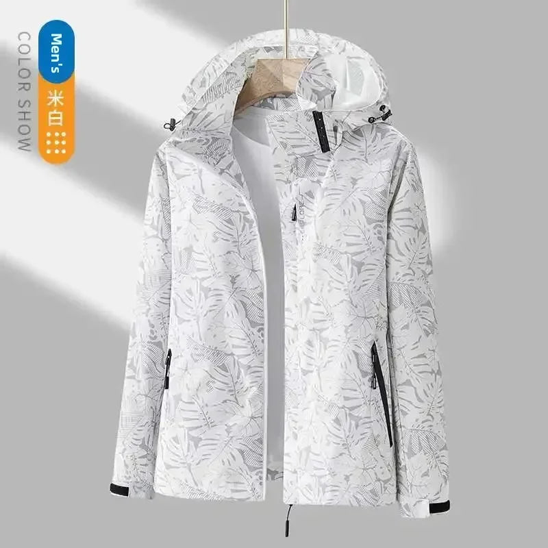 White waterproof hooded jacket with front zip and adjustable storm hood