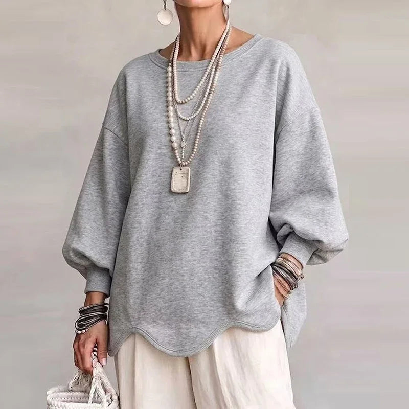 Light grey oversized sweatshirt with wavy hem and dropped long sleeves