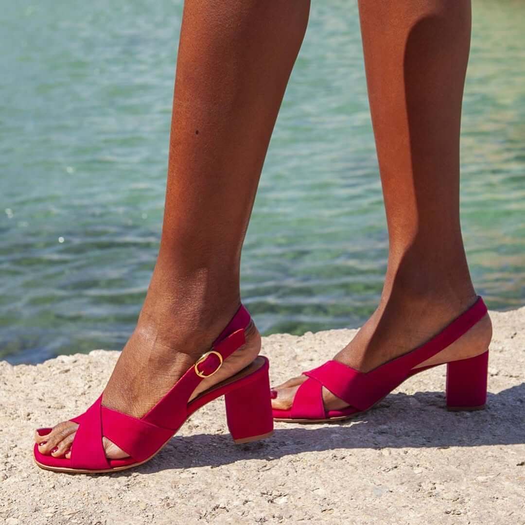 Suede slingback sandals with criss-cross straps and block heel