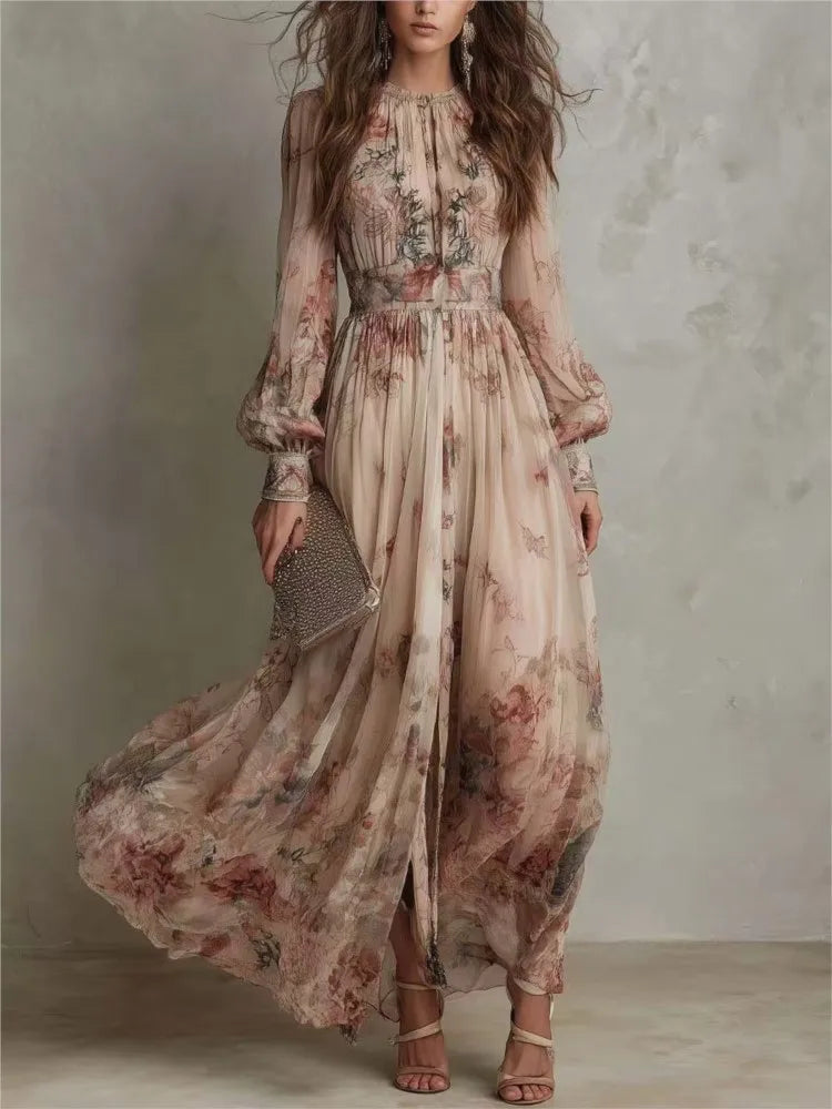 Rosalind | Vintage Floral Pleated Maxi Dress