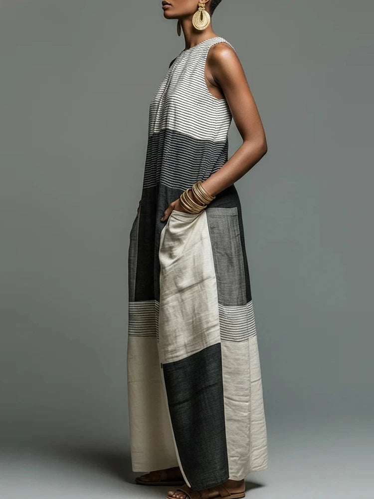 Summer Dress for Women, Stylish Colour Block Patchwork, Loose Sleeveless Tank Dress, Long Dress, Trendy Casual Dress with Pockets