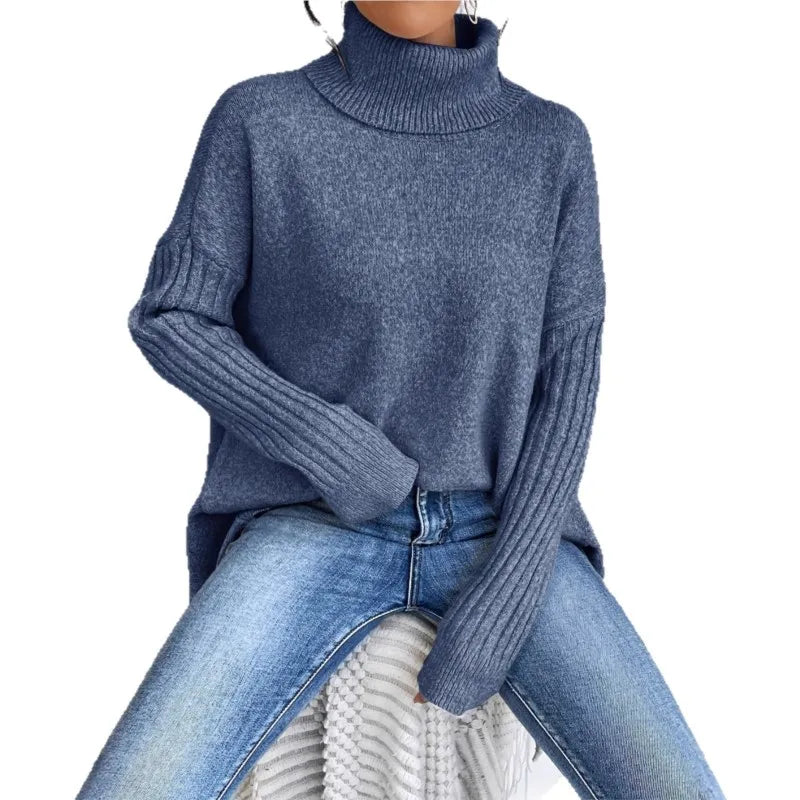 Blue high-neck asymmetric knit sweater with ribbed cuffs and slanted hem panels
