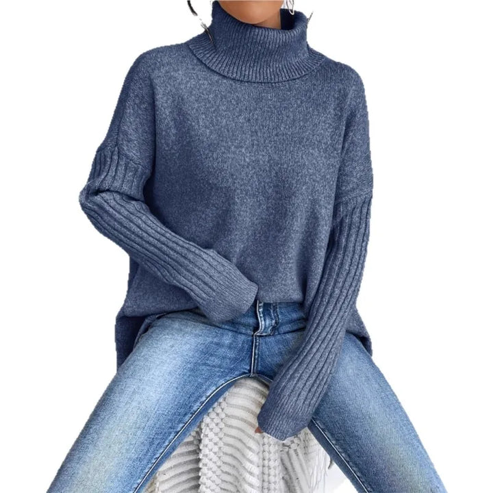 Blue high-neck asymmetric knit sweater with ribbed cuffs and slanted hem panels
