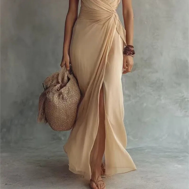 Fashion holiday women's dress plain colour wrapped with lace bow V-neck short sleeves split chiffon formal irregular party dress long dresses