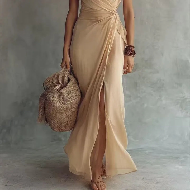 Fashion holiday ladies' dress in solid colour, wrapped with lace bow, V-neck, short sleeves, slit chiffon formal irregular party dress, long dresses