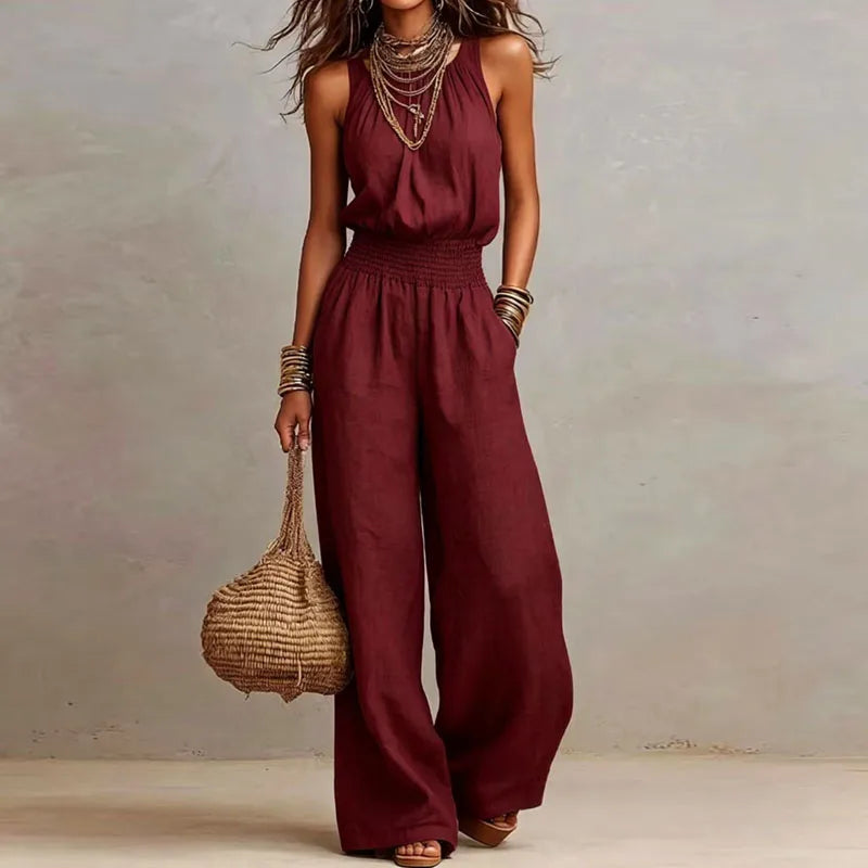 Summer Plain High Waist Ladies Jumpsuits Elegant Halter Tie-up Backless Rompers Casual Sleeveless Wide Leg Overalls