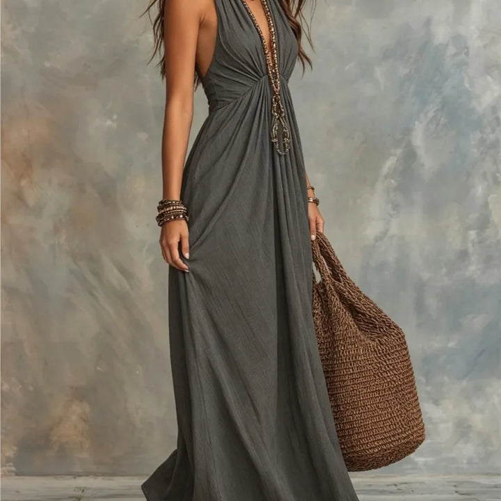 Elegante halter maxi jurk voor dames, diepe V-hals, hoge taille, slanke jurken, zomer 2026, formele avondjurk, feestjurk, vakantiejurk, vestidos