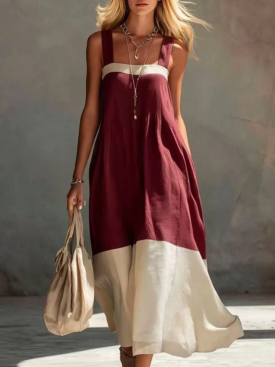 Ladies Colour Block Maxi Dress with Spaghetti Straps, Sleeveless Loose Layered Flowy Sun Dress for Beach Holiday Resort