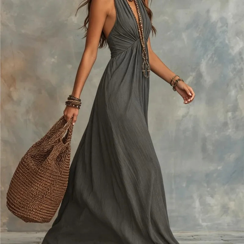 Elegante halter maxi jurk voor dames, diepe V-hals, hoge taille, slanke jurken, zomer 2026, formele avondjurk, feestjurk, vakantiejurk, vestidos