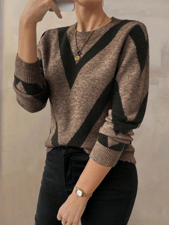 New autumn and winter knitted sweater with geometric pattern, round neck and long sleeves