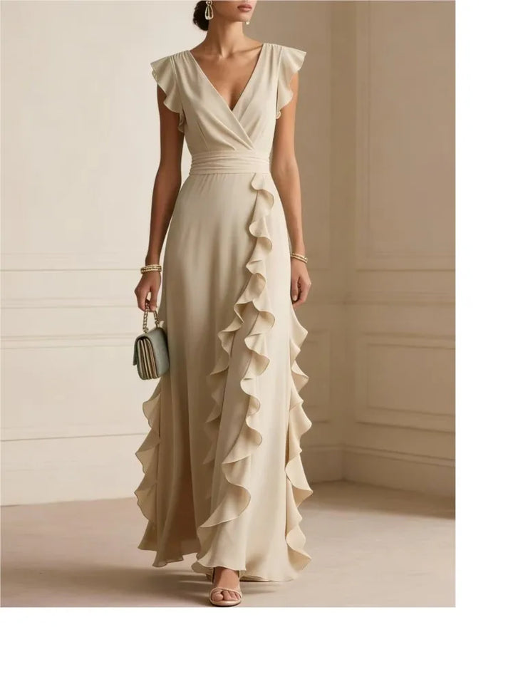 Ladies' Elegant Plain Colour Ruffle Sleeveless Sexy V-Neck Long Dress Fashion Bohemian Ladies' Party Evening Maxi Dresses Gown