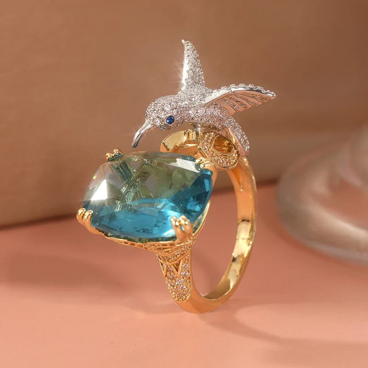 Adjustable Aquamarine-Colour Hummingbird Ring – 14K Gold Plated