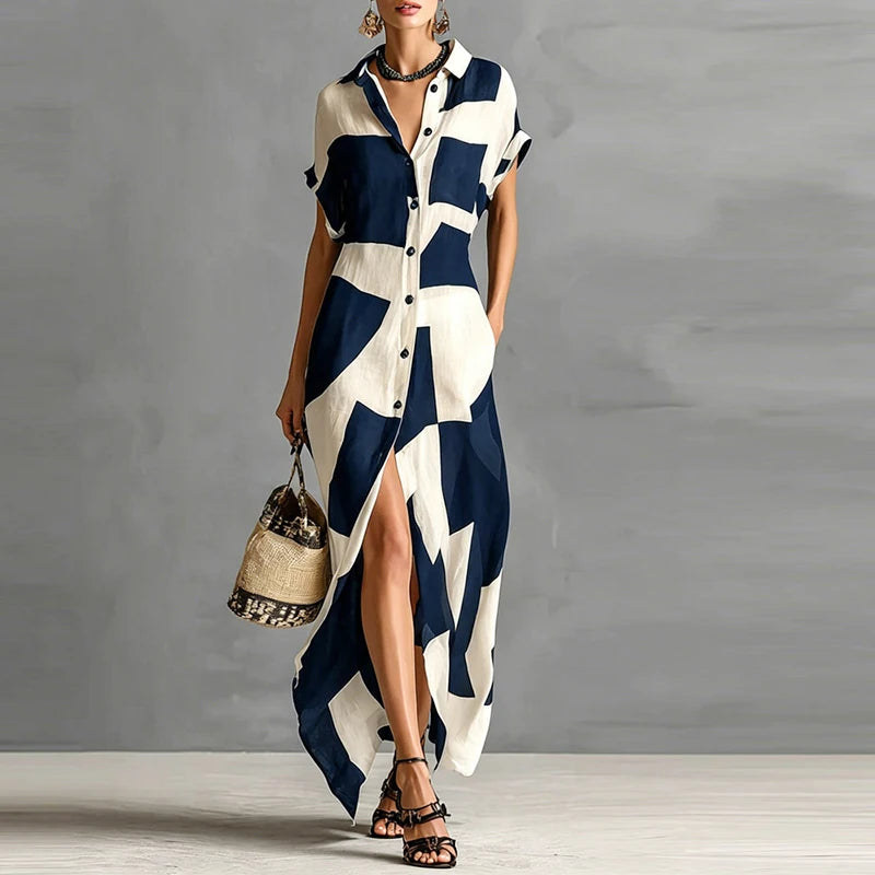 Summer dress with geometric print, lapel collar, button closure, pockets, long dress for women, short sleeves, maxi dress