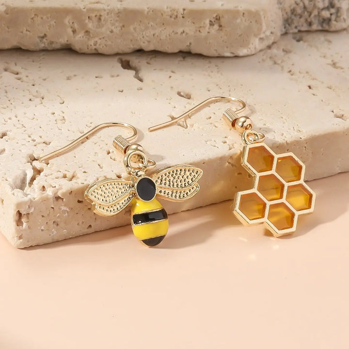 Honeycomb & Bee Drop Earrings – Gold Tone Jewellery for Women