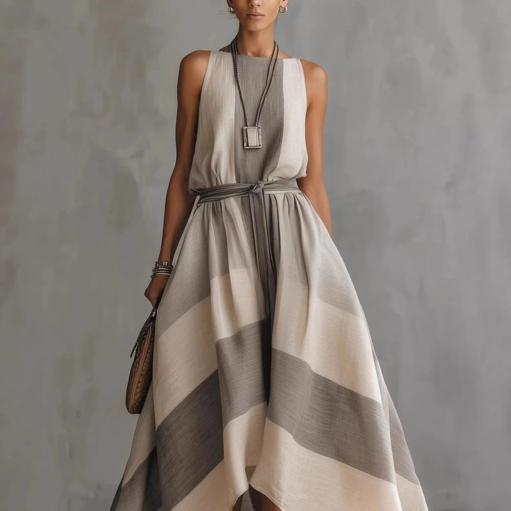 Summer New Irregular Maxi Dresses Women's Fashion O-Neck Striped Sleeveless Dress with Large Hem Casual Plain Loose Party Dress for the Beach