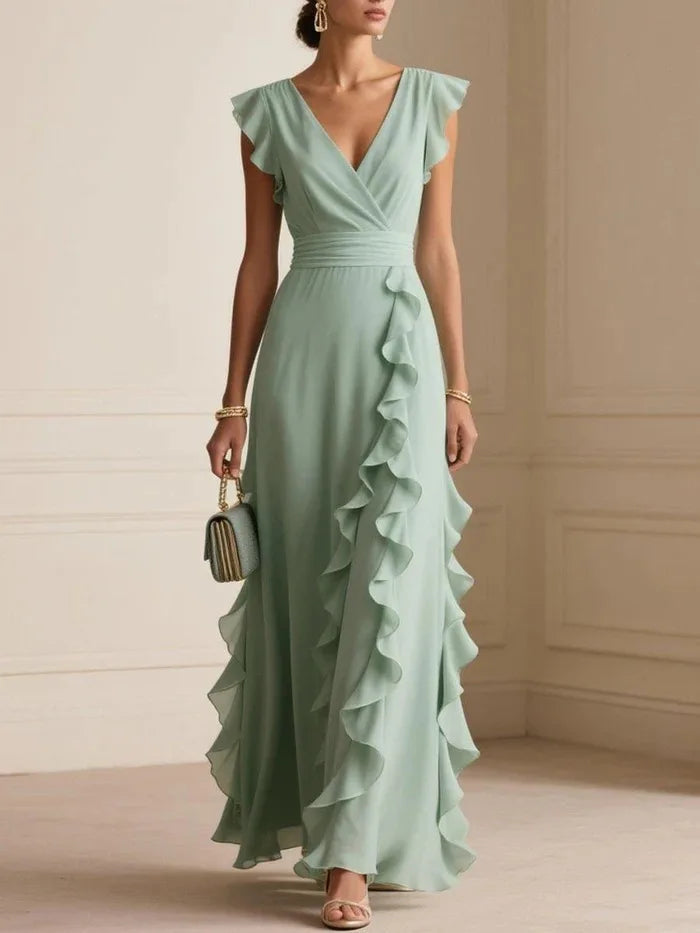 Ladies' Elegant Plain Colour Ruffle Sleeveless Sexy V-Neck Long Dress Fashion Bohemian Ladies' Party Evening Maxi Dresses Gown