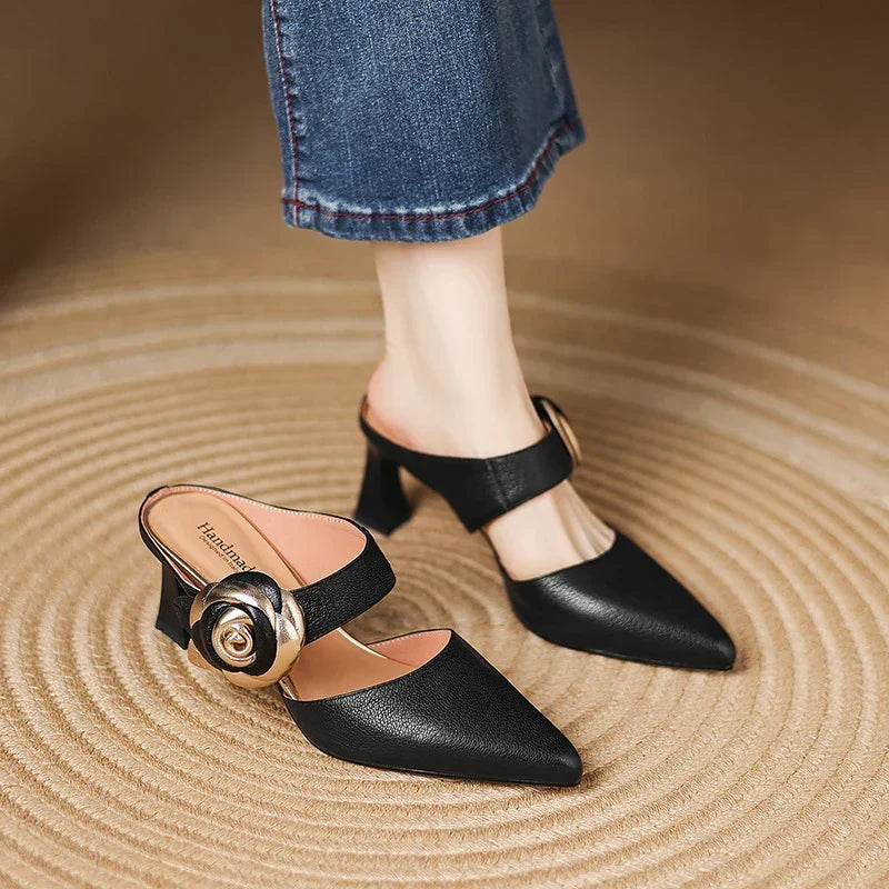 Alexis | Pointed Mules with Rose