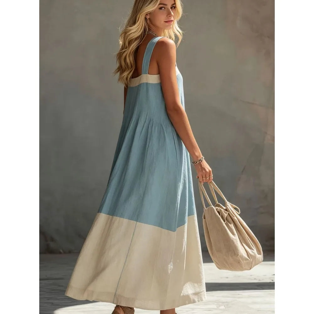 Ladies Colour Block Maxi Dress with Spaghetti Straps, Sleeveless Loose Layered Flowy Sun Dress for Beach Holiday Resort