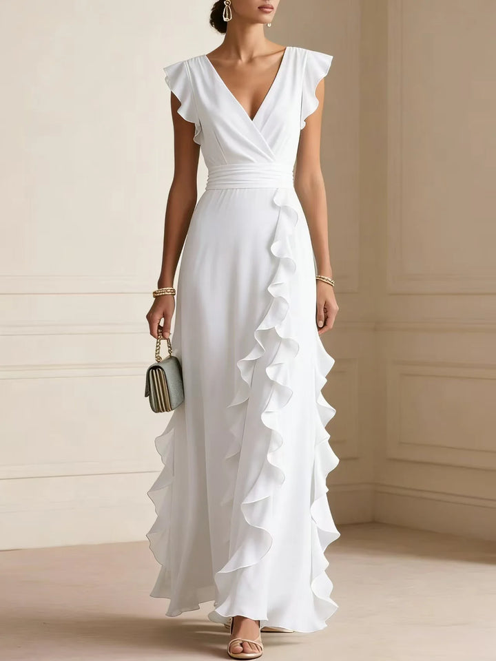 Ladies' Elegant Plain Colour Ruffle Sleeveless Sexy V-Neck Long Dress Fashion Bohemian Ladies' Party Evening Maxi Dresses Gown