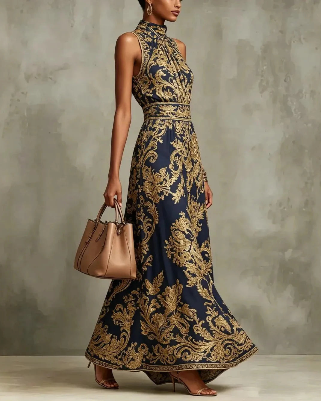 CORNELIA | GLAMOUR LONG DRESS WITH GOLD BAROQUE PRINT