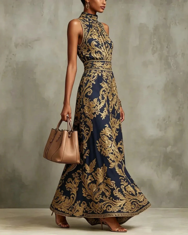 CORNELIA | GLAMOUR LONG DRESS WITH GOLD BAROQUE PRINT