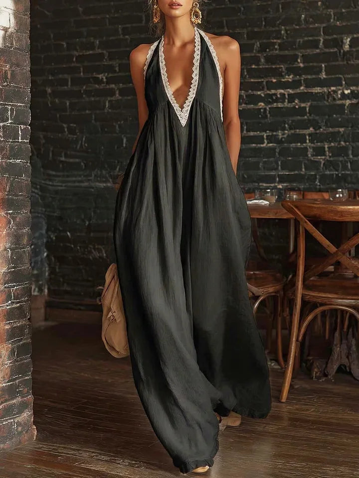 Evelyn | Lace Halter V-Neck Wide Leg Jumpsuit