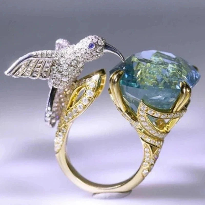 Adjustable Aquamarine-Colour Hummingbird Ring – 14K Gold Plated