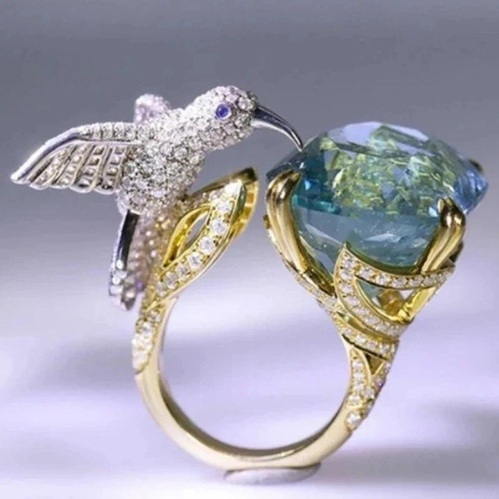 Adjustable Aquamarine-Colour Hummingbird Ring – 14K Gold Plated