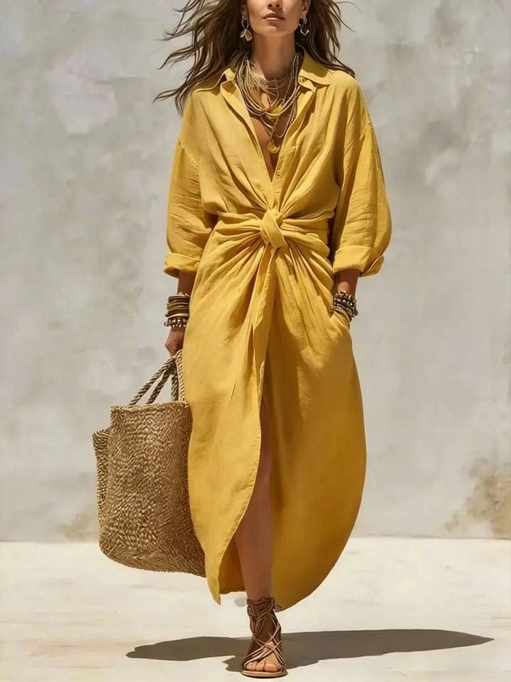 Boho white linen cotton shirt dress with long sleeves, high waist, button detail, maxi dress, casual, loose fit, split hem, summer dress for women
