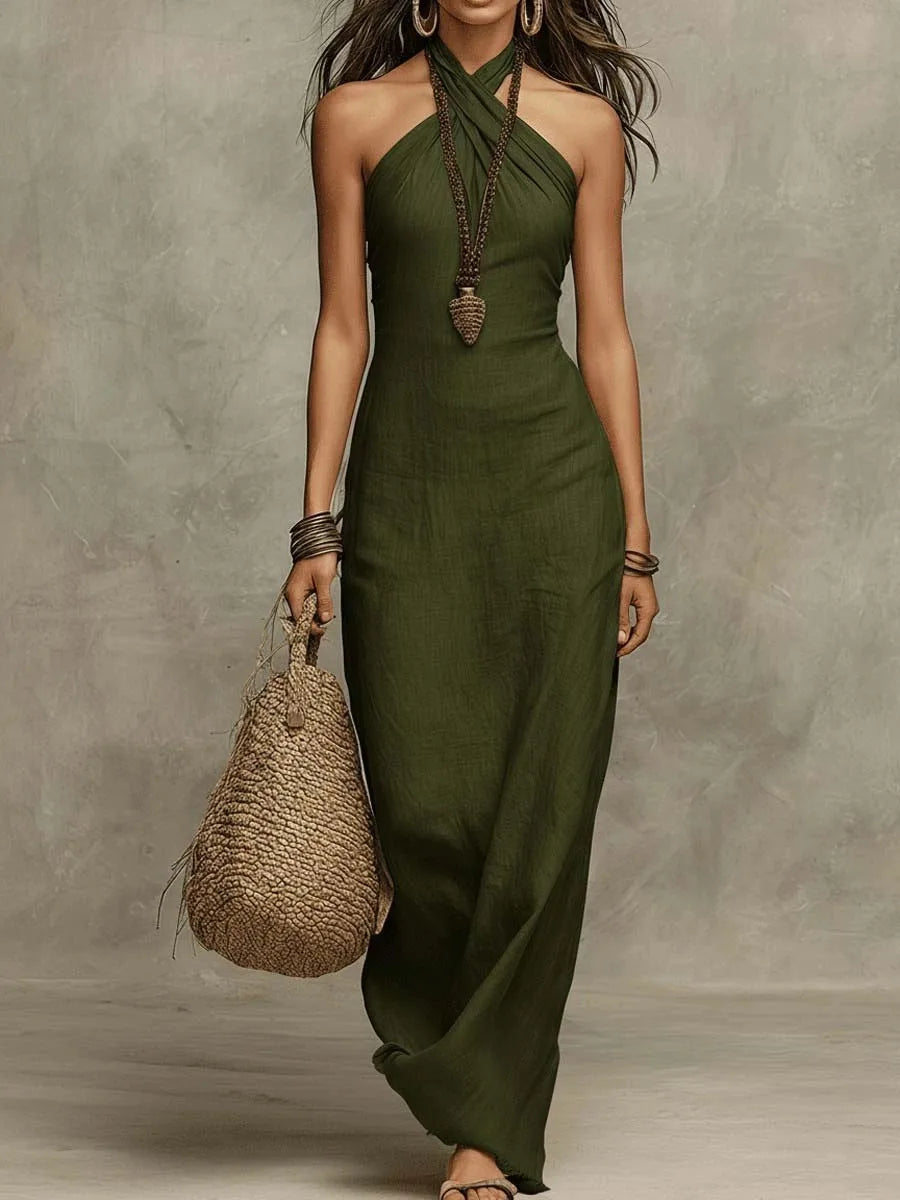 Women's Summer New Bohemian Off-Shoulder Sleeveless Dresses Solid Hollow Slim Long Dress Chic Sexy Halter Criss Cross Party Dress