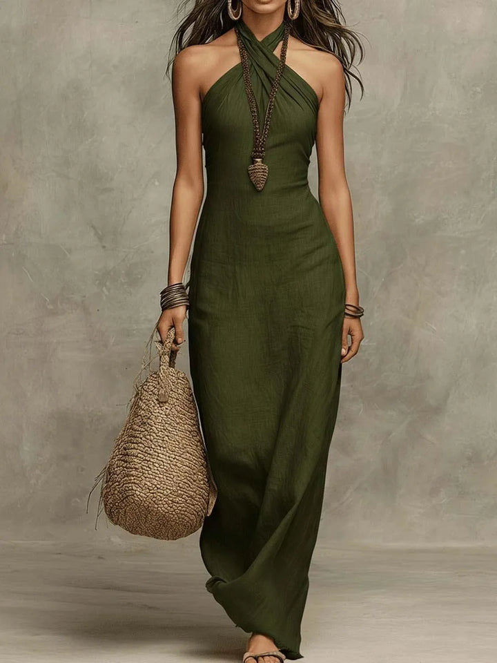 Women's Summer New Bohemian Off-Shoulder Sleeveless Dresses Solid Hollow Slim Long Dress Chic Sexy Halter Criss Cross Party Dress