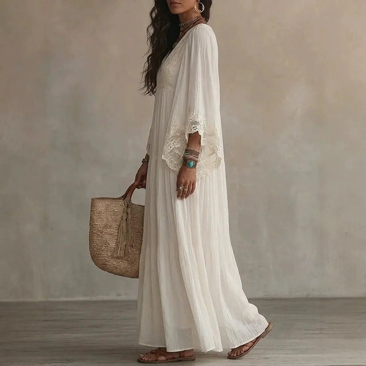 Perpetua | Lace Trim V-Neck Flowy Maxi Dress