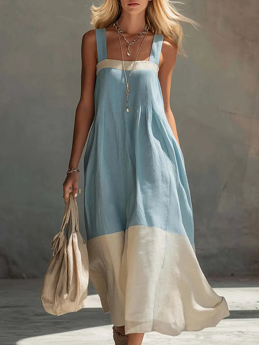 Ladies Colour Block Maxi Dress with Spaghetti Straps, Sleeveless Loose Layered Flowy Sun Dress for Beach Holiday Resort