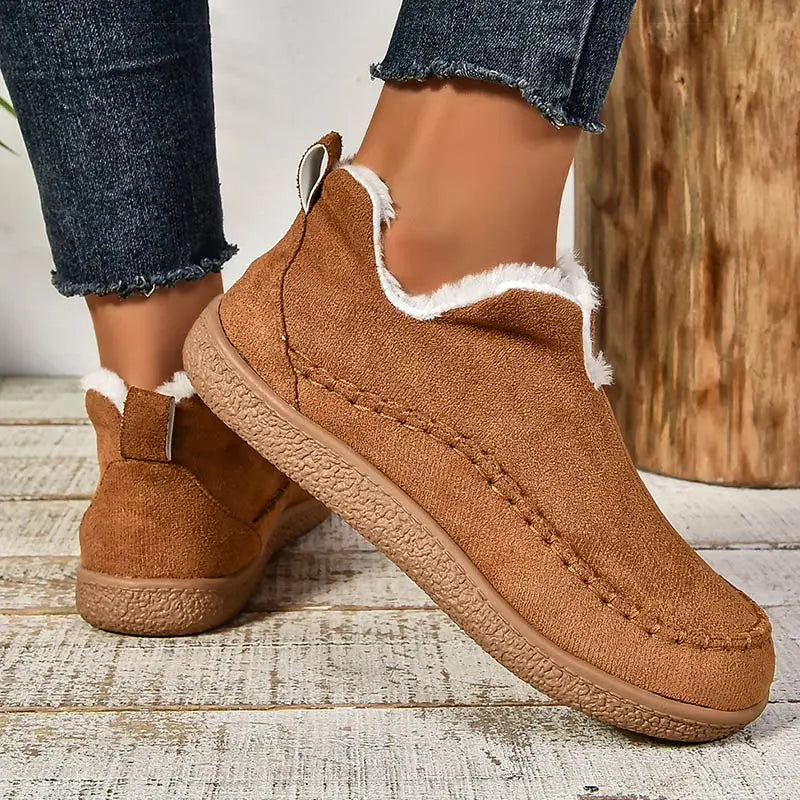 Brown suede-style ankle boots with faux-fur lining and stitched moccasin upper