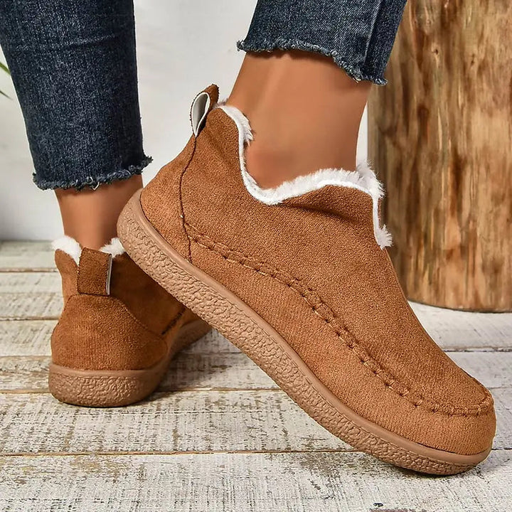 Brown suede-style ankle boots with faux-fur lining and stitched moccasin upper